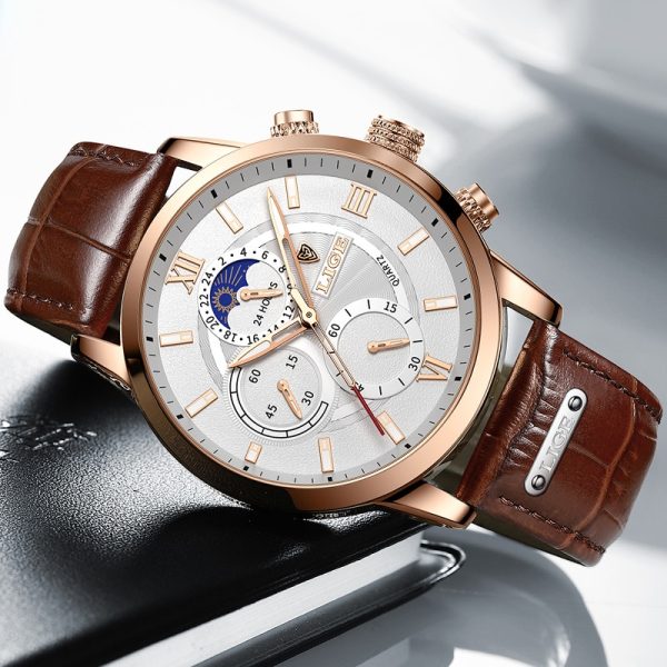 2022 LIGE Watches Mens Top Brand Luxury Clock Casual Leathe 24 Hour Moon Phase Men Watch 1