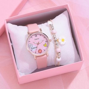 Kids Watches Pink Cute Children s Wristwatch Cartoon Pattern Quartz Watch Set For Girls Fashion Students