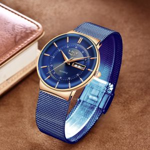 LIGE Women Watches Luxury Brand Ultra thin Calendar Week Quartz Watch Ladies Clocks Mesh Stainless Steel 3