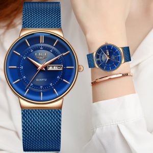 LIGE Women Watches Luxury Brand Ultra thin Calendar Week Quartz Watch Ladies Clocks Mesh Stainless Steel