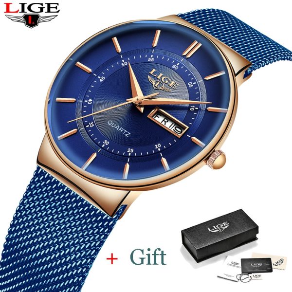 LIGE Women Watches Luxury Brand Ultra thin Calendar Week Quartz Watch Ladies Clocks Mesh Stainless Steel 5