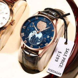 POEDAGAR New Fashion Quartz Leather Men Watch Top Brand Luxury Waterproof Luminous Date Mens Wristwatch Casual