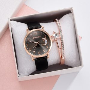 Women Watch Moon Numbers Dial Bracelet Watches Set Ladies Leather Band Quartz Wristwatch Women Female Clock 1