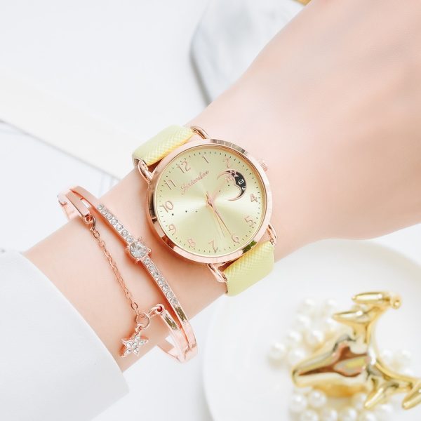 Women Watch Moon Numbers Dial Bracelet Watches Set Ladies Leather Band Quartz Wristwatch Women Female Clock 2