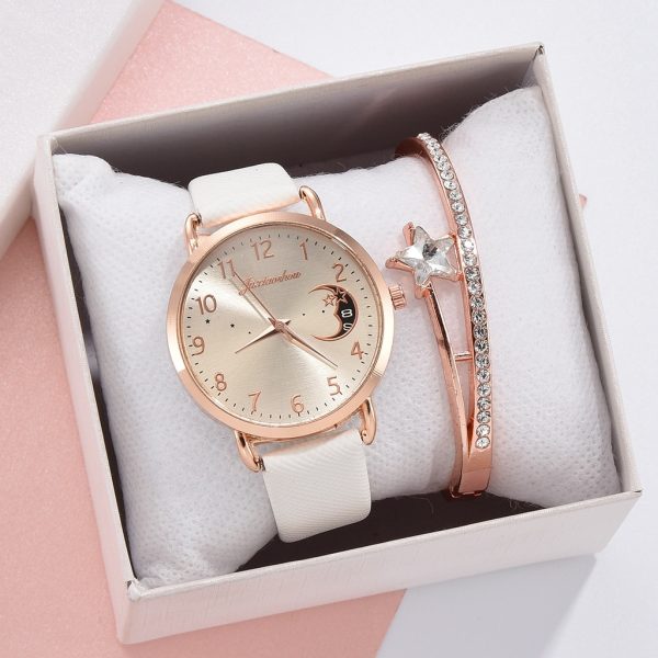 Women Watch Moon Numbers Dial Bracelet Watches Set Ladies Leather Band Quartz Wristwatch Women Female Clock