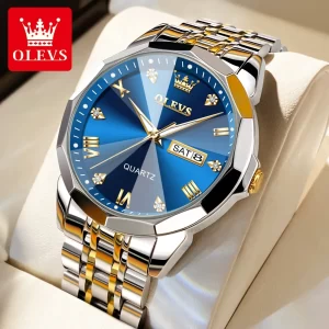 OLEVS Men s Watches Rhombus Mirror Original Quartz Watch for Man Waterproof Luminous Stainless Steel Wristwatch