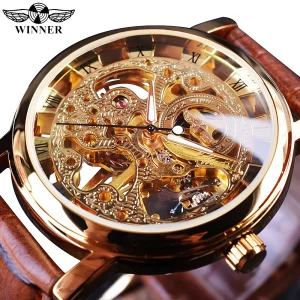 Winner Transparent Fashion Case Luxury Casual Design Leather Strap Mens Watches Top Brand Luxury Mechanical Skeleton